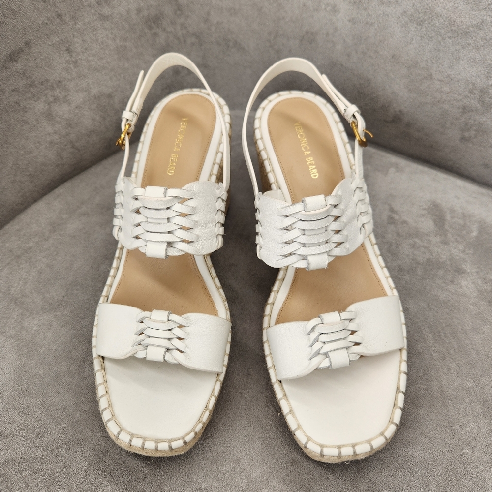 Veronica Beard Wedge Sandals 10 White Leather Woven Riya Espadrille New $375